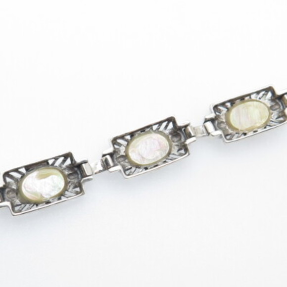 925 Sterling Silver Vintage Real MOP & Marcasite Star Oxidized Panel Bracelet 7